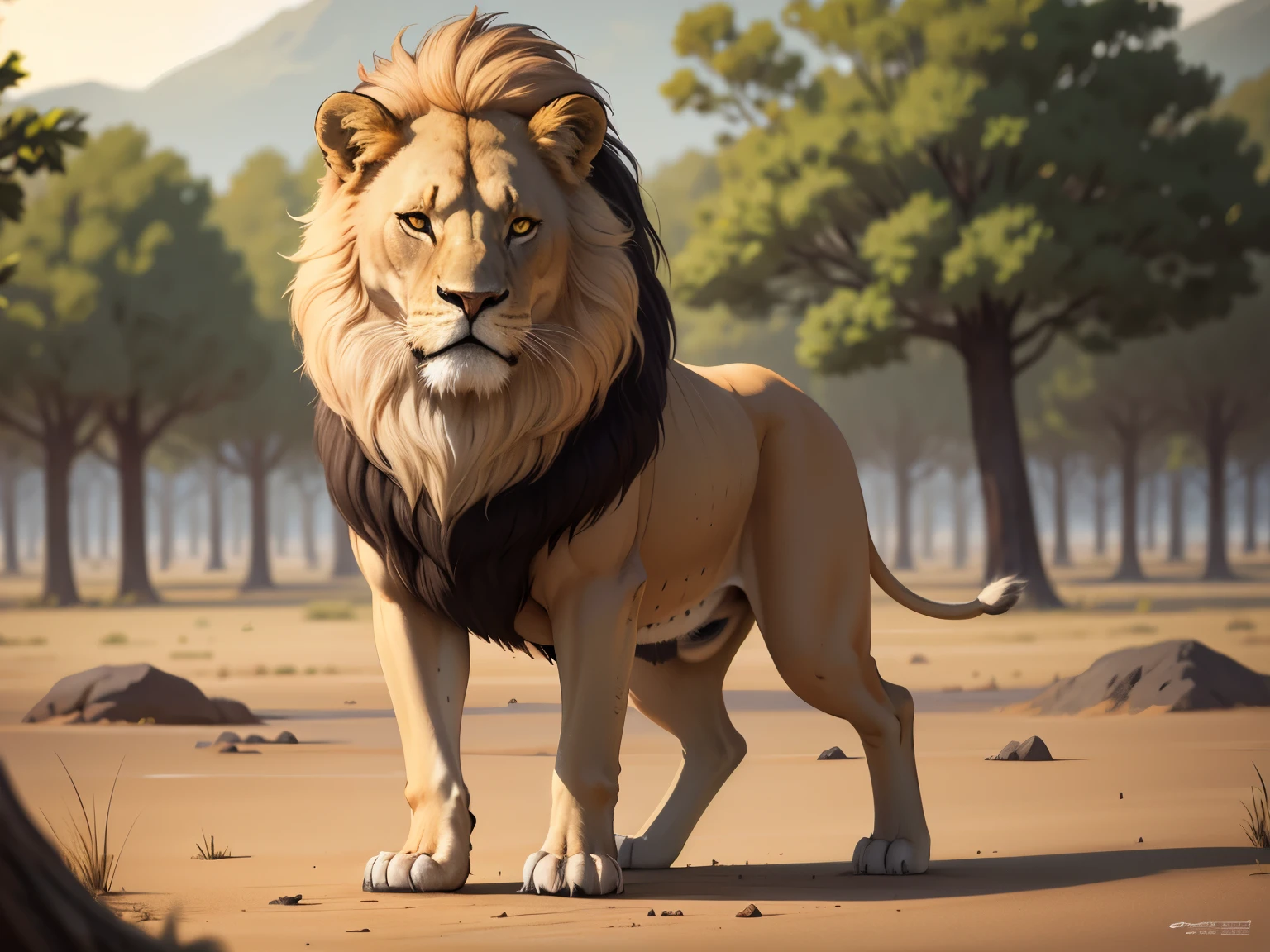 Lion in the savanna、barking、high resolution、Standing on four legs、Character Design