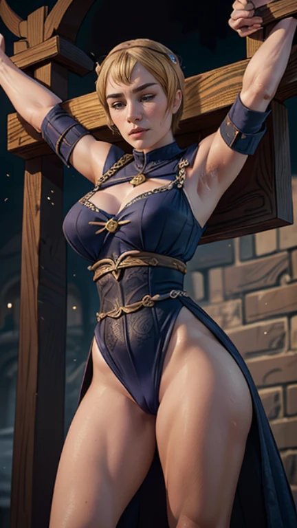 Foto hiperrealista en primer plano de mature (((Cersei Lannister))), Create dystopian masterpieces, scene from the Game of Thrones movie, the entire figure dressed in Game of Thrones style, tight dark blue dress with armor accessories, broken breastplate, on a medieval market square, beautiful woman, skinny chubby, small breasts, straight brown hair, detailed face, ((fear)), photo taken from a distance, age 35 years old, (((violent men lifting her dress:1.2))), (((cameltoe panty))), (((restrained and crucified by the crowd:1.2))), (((serious))), (((tears running along her cheeks))), (wood cross), ((big naked sagging breasts)), hairy pussy, thigh gap, (((dark atmosphere))), ((foggy)), ((detailed shadows))