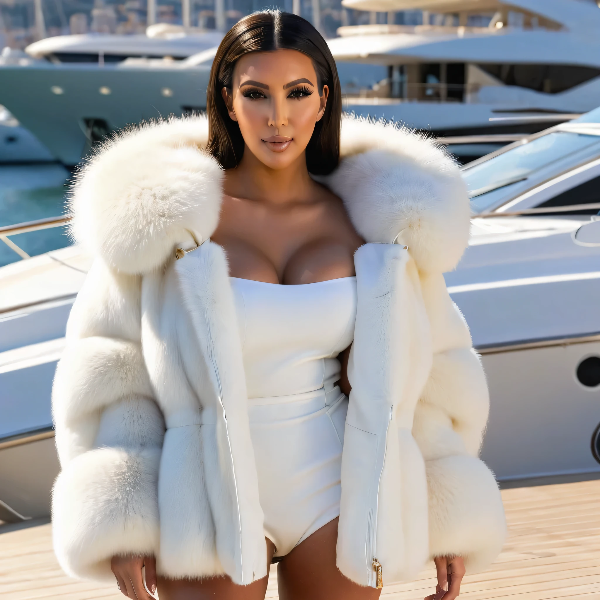 A very wide and very thick, very short white fox fur coat, fifty centimeters thick, duveteux, naturel, with an ultra thick white and sand mink fur collar, three layers, sur Kim Kardashian, fully nude front view, bare shoulders, and two large breast discovered by the fur, at sunny , yacht de luxe, port de Monaco , en haute résolution de la plus high quality、,Photo 8K HDR), Realistic texture, realistic shadows,