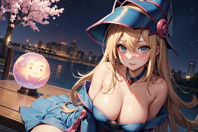 master piece,best quality,ultra detailed,8k,
natural light,realistic skin,glossy skin,
(dark magician girl, duel monster, blush stickers, blonde hair, green eyes, long hair, breasts, blush, bangs, large breasts, hair between eyes, pentacle, pentagram, hat, dress, cleavage, bare shoulders, collarbone, choker, blue headwear, wizard hat, bracer, detached sleeves;)、
(the body is very wet:1.5)、glossy lips、Slightly emphasize the lower lip、blush、embarrassed expression、emphasizing the cleavage、(、high school student、Three t sisters)、
(The character appears to be trapped inside a spherical glass bottle.:1.3)、Sakura tree in a spherical glass bottle、fantastic night sky、Crescent Moon、aurora、horizon、open-air bath、Japanese inn、futon