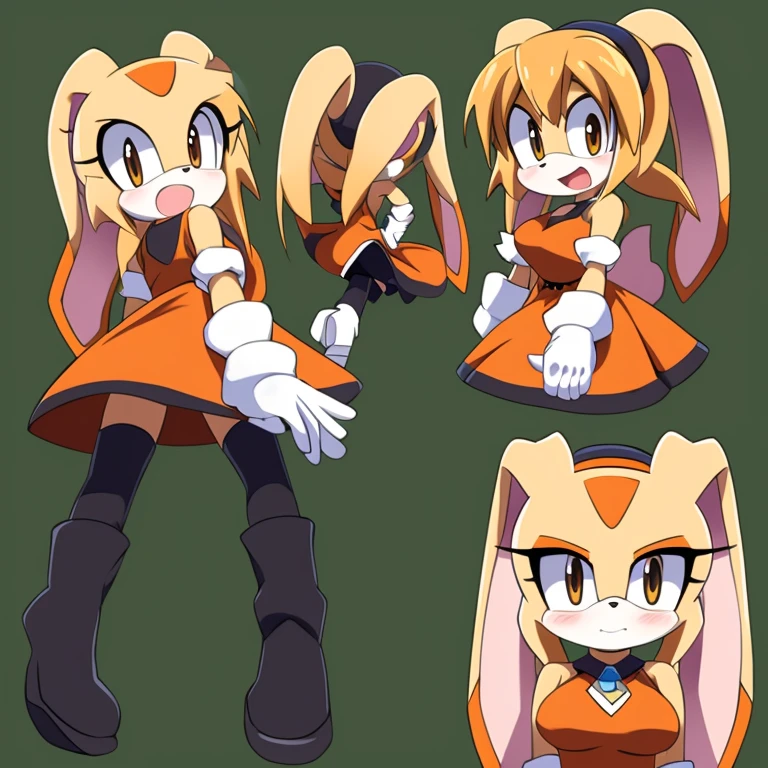 Female, Mobian, Rabbit, Cream the Rabbit sonic the hedgehog \(series\), rabbit girl, ((solo)), ((1girl)), ((hairstyles, long ponytail hair with curtain side bangs, similar to Maria)), brown eyes, blushing, serious/mad, young adult, average sized breasts, hair on top of shoulders, hair in a ponytail, wearing a mini tight orange dress, black boots, white gloves, many poses (((2D Anime Style))),