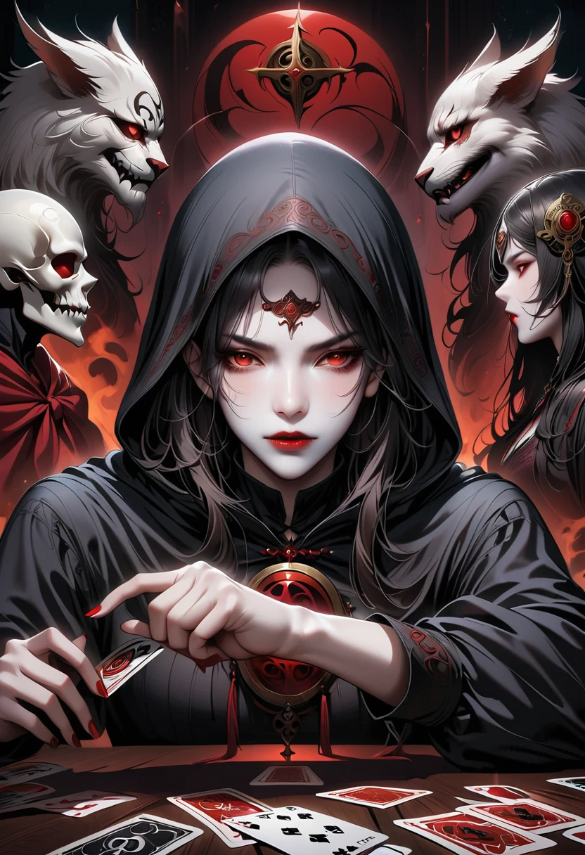 Metal photo frame,card,tarot cards:1.37.Mysterious fortune teller wearing hood,Finger taps an array of tarot cards in the air,Mystical symbols and elements,ancient mysterious atmosphere,Realistic illustrationeticulous details,Vibrant and energetic composition,dark style,gothic style, intricate, masterpiece