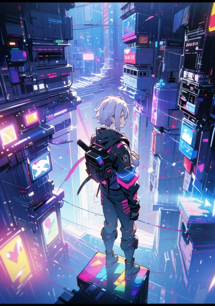 (best quality,4k,8k,highres,masterpiece:1.2),ultra-detailed,(realistic,photorealistic,photo-realistic:1.37),high angle view,boy,white hair,beautiful detailed eyes,purple glowing radiant eyes,cyberpunk hoodie,short hair,standing on top of a neon building