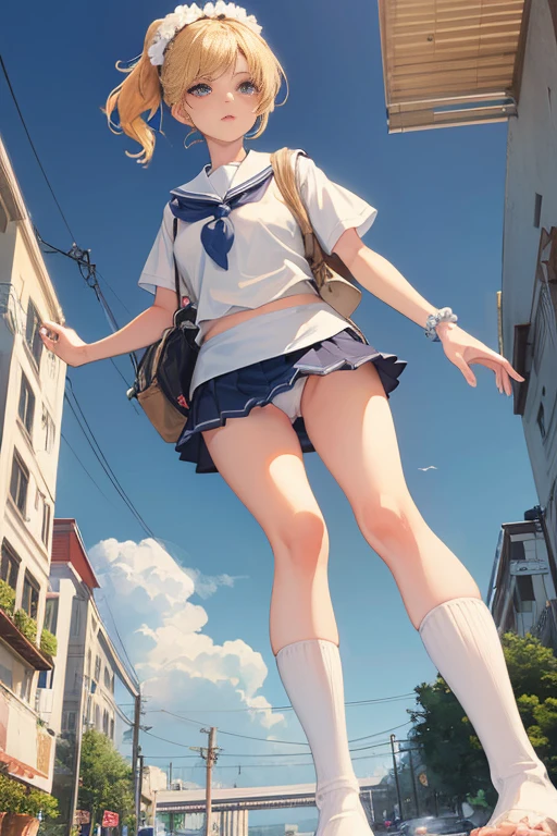 
masterpiece, best quality, physically-based rendering, high resolusion, RAW photo, photo realistic,

1 female, Japanese, white shirt, navy pleated skirt, short sleeves, , school bag, blonde hair, side tails, flower hair ornament, light blue scrunchie on wrist,

Afternoon in the city BREAK 

((standing in the middle of the road))

 BREAK

looking at front, 

((white panties, cameltoe)),

(from behind), (from below ground:1.9),