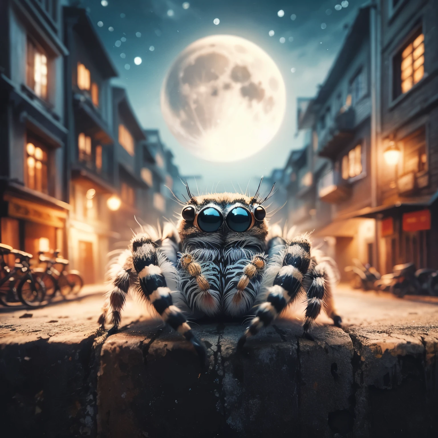 jumping spider, zebra stripes, cute, big eyes, masterpiece, full moon, alley