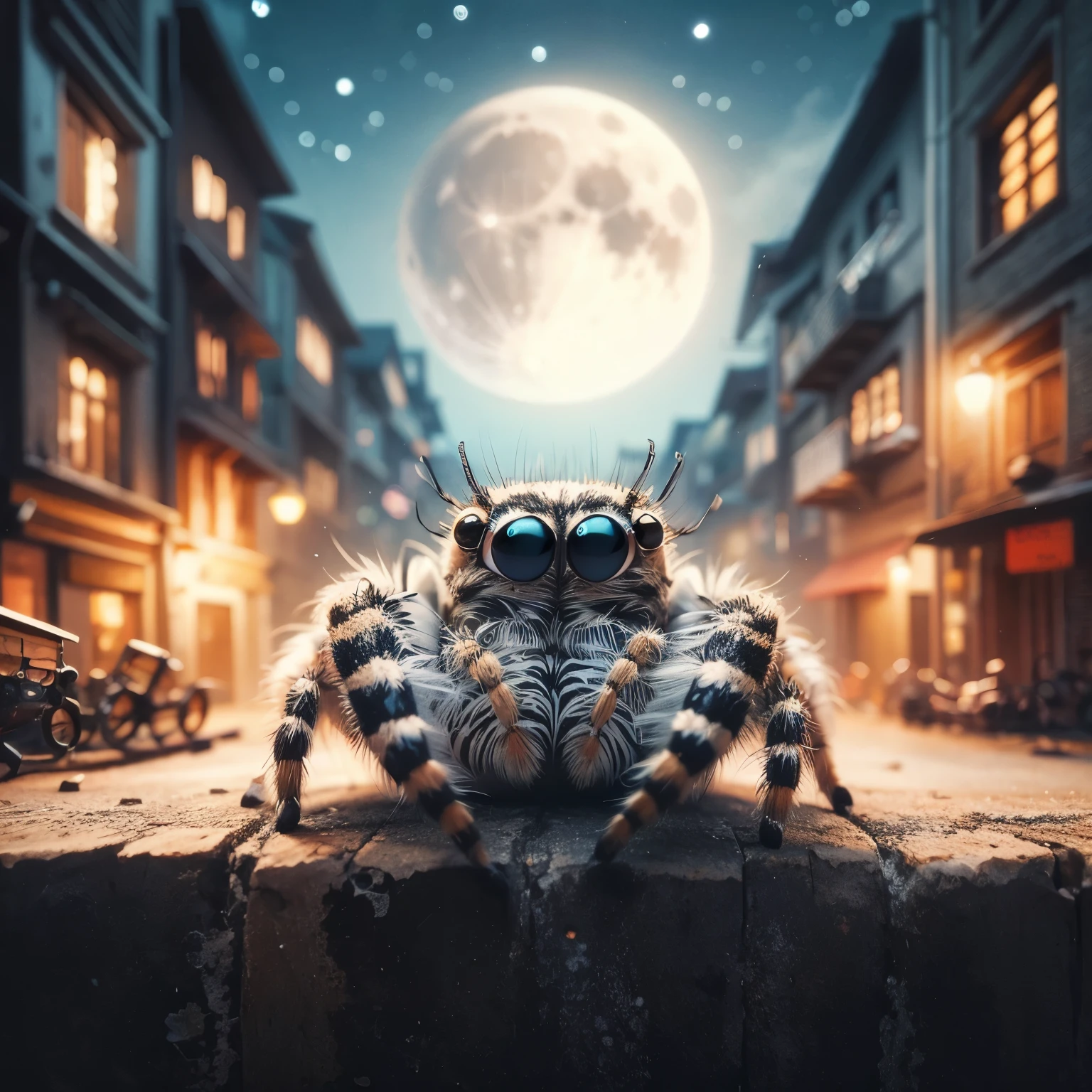 jumping spider, zebra stripes, cute, big eyes, masterpiece, full moon, alley