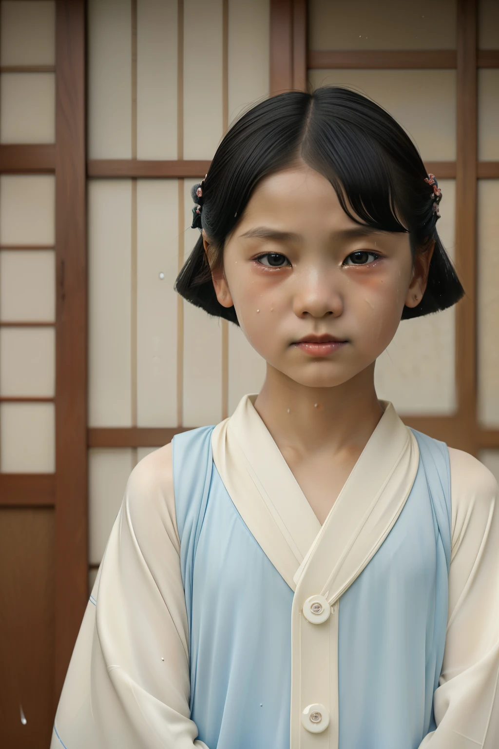 Kioto, 1929. ((wide view)). A little ((((9--old)ayuri)), strikingly beautiful, delicate facial features, porcelain skin, expressive eyes, in front of a house, ((crying big tears)), (((rainy day))), ((((japanese girl clothings from the 1920s)))), ((hairstyle of the 1920s)), color