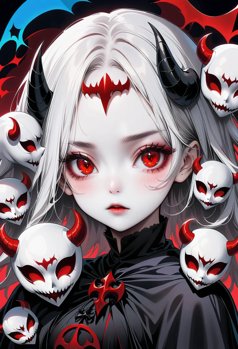 A cute  demon girl with red eyes and horns, wearing an ancient robe made of black fabric, surrounded by many other small devil faces, depicted in the style of pop art with large heads and slim bodies, using bold colors and exaggerated features to create a cartoonish appearance. The background is dark and of high resolution, detail, and quality.
