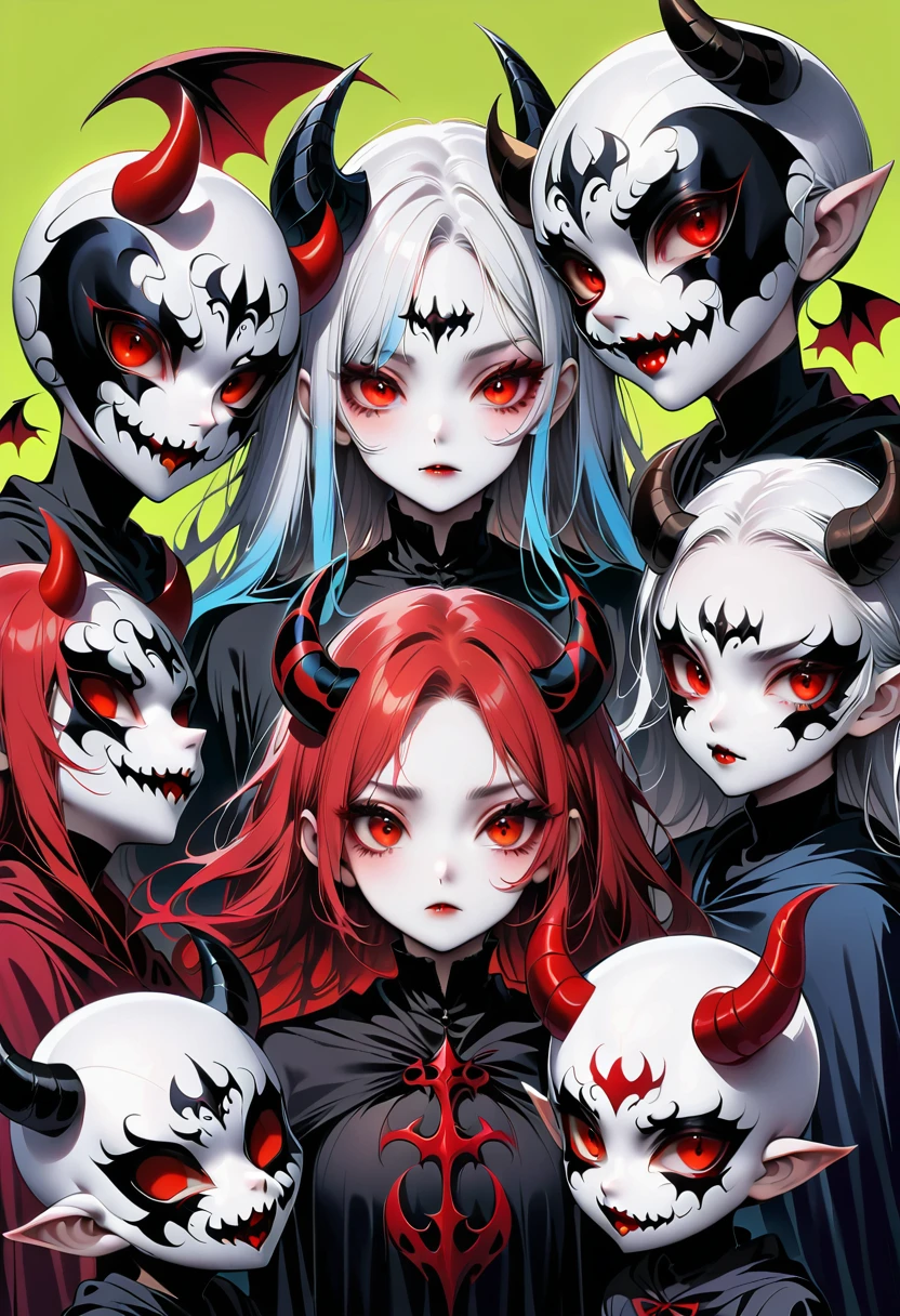 A cute demon girl with red eyes and horns, wearing an ancient robe made of black fabric, surrounded by many other small devil faces, depicted in the style of pop art with large heads and slim bodies, using bold colors and exaggerated features to create a cartoonish appearance. The background is dark and of high resolution, detail, and quality.