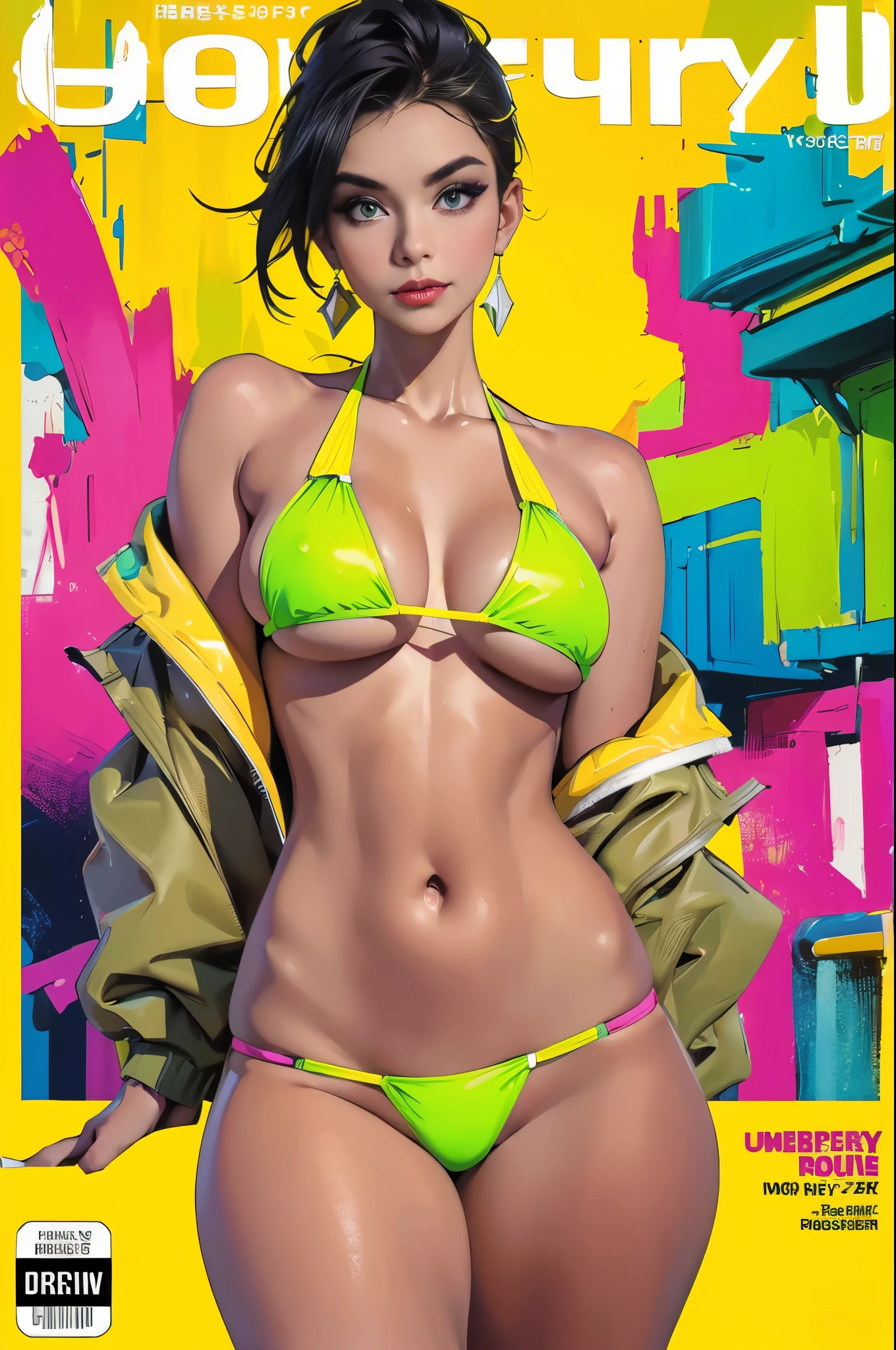 (masterpiece:1.2, best quality), (magazine cover), (colorful Magazine cover with lots of text), brilliant colorful paintings, Comic cover style, glamorous, seductive, stylish, chic, high-fashion, alluring, elegant, trendy, fashionable, radiant, head-turner, dazzling, sophisticated, stunning, dramatic, bold, Brazilian model with sun-kissed skin color, perfectly round and perky 700cc enhanced breast, ((wearing a neon yellow micro bikini)), ((at a pool party background)), (highly detailed:1.2)