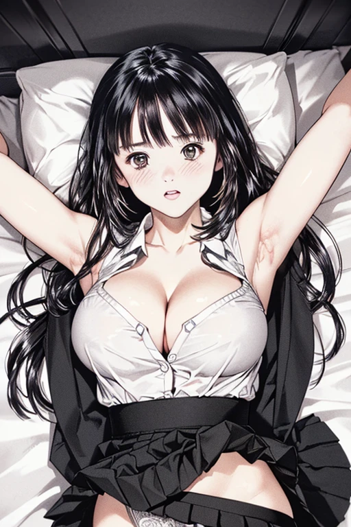 (8K、top-quality、masterpiece:1.2)、(realisitic、ultra-detailliert、超A high resolution、1 girl,28years,beautifull detailed face,perfect body,((layered hair,long black hair)),((nighttime)),perfect lighting,Constriction、(Slim waist :1.3)、Beautiful detailed skin、Skin Texture、Floating hair,((office lady,business suits:1.0,dress shirt,tight skirt,lying on bed,on back,cleavage,wearing red glasses,skirt lift,panty)),in full face blush,((upper body shot)),((embarrassed,Spreading arms,))