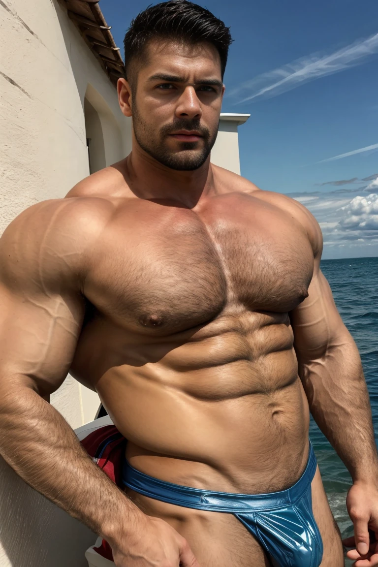 super wide angle，Medium shot of two handsome guys，plump ，Swelling of chest muscles，Full chest muscles，Swelling of chest muscles，sweating，Skin is moisturized and shiny，(face slimming)，small head，short hair，Mustache，Sexy anharming expression，gloomy eyes，blue eyes，Naughty and cool，Handsome and cool guy, (topless), ultra thin pantyhose，ag highlights，(Full chest muscles)，(breast muscle sg)，Chest and belly hair，topless，Skin is smooth and hydrated，fiery, super sexy, Behind him is tsea, standing on a sandy beach by the ocean，There are flying fish and dolphins in the water，of a topless, member, very sexy,Blue sky and white uds, member, Looks hot, intense smoldering, Attractive and good looking, 30 years old, attractive man, sexy masculine, 8k realistiSuper detailed photos, Bulger j8,Perfect hand details，Perfect facial details