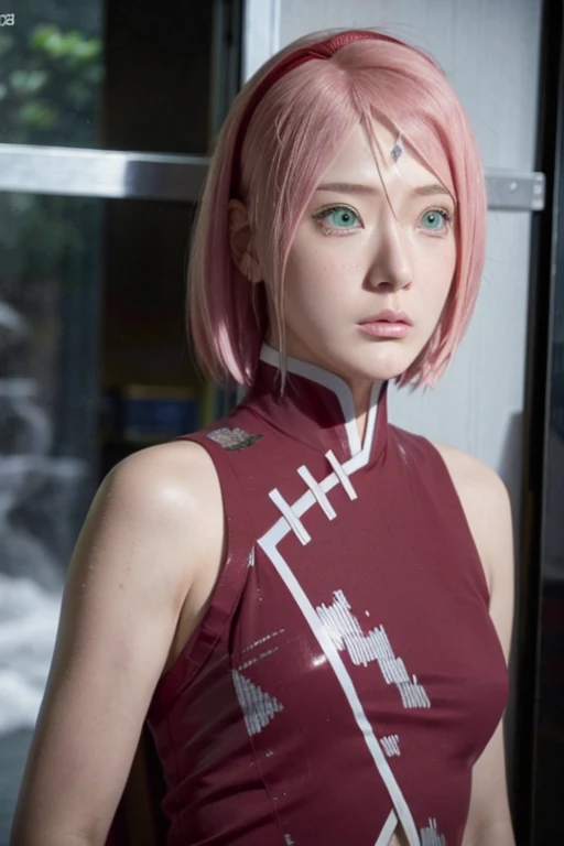 Real life adaption of this character,Asian teen beauty , realistic same hair, realistic outfit, realistic light, realistic shadow, hyper realistic, realism, realistic background,(photorealistic:1.2),green eyes color. Sakura / Sakura Haruno (Sakura Haruno) / [Boruto: Naruto Next Generation,1girl ,bikini ,best quality ,ultra Higd ,detail realistic ,sceneHDR pro