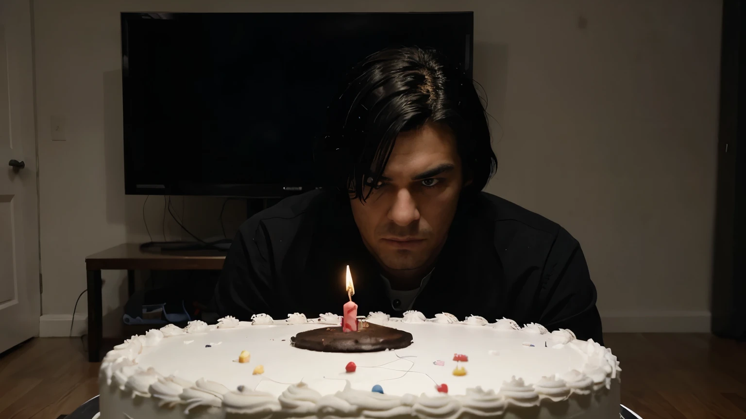 (best quality, realistic:1.2) sad boy alone, black hairs, detailed facial expression, solitary figure, dimmed lighting, birthday cake, birthday celebration, gaming room, sad birthday