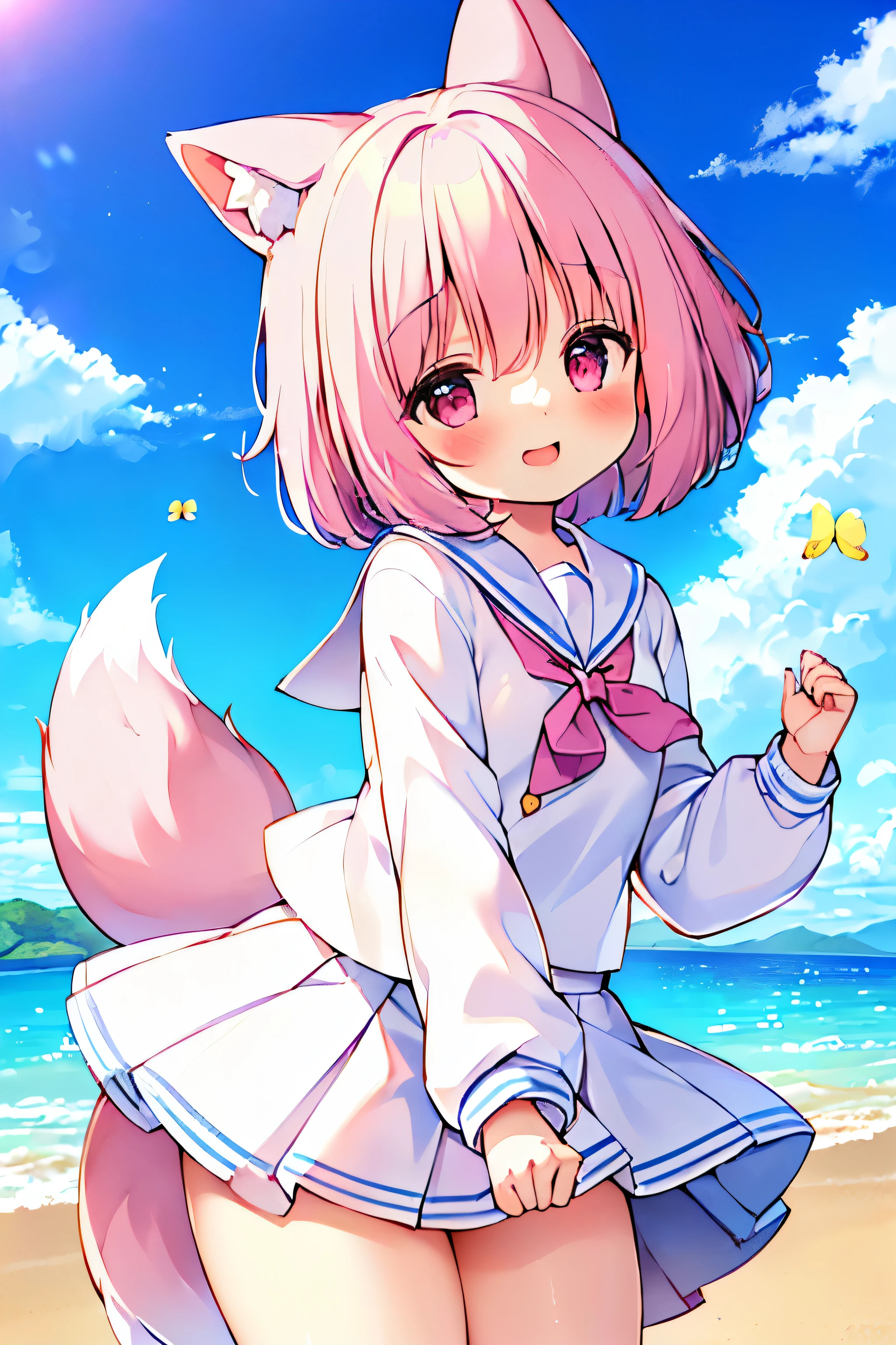 (((masterpiece))), (((最high quality))), (((high quality))), (((beautiful))), (((8K))), (((High resolution)) (((超High resolution))), (((High resolution))), (pink short hair:1.3), (Pink fox tail:1.4), (Pink fox tail:1.2), Pink fox ears with white tips, (pink eyes), small breasts, (cowboy shot:1.3), (laughter:1.3), (Blue sea and white clouds), (beach), (Long-sleeved white sailor suit fluttering in the wind:1.3), (White pleated skirt fluttering in the wind:1.3)