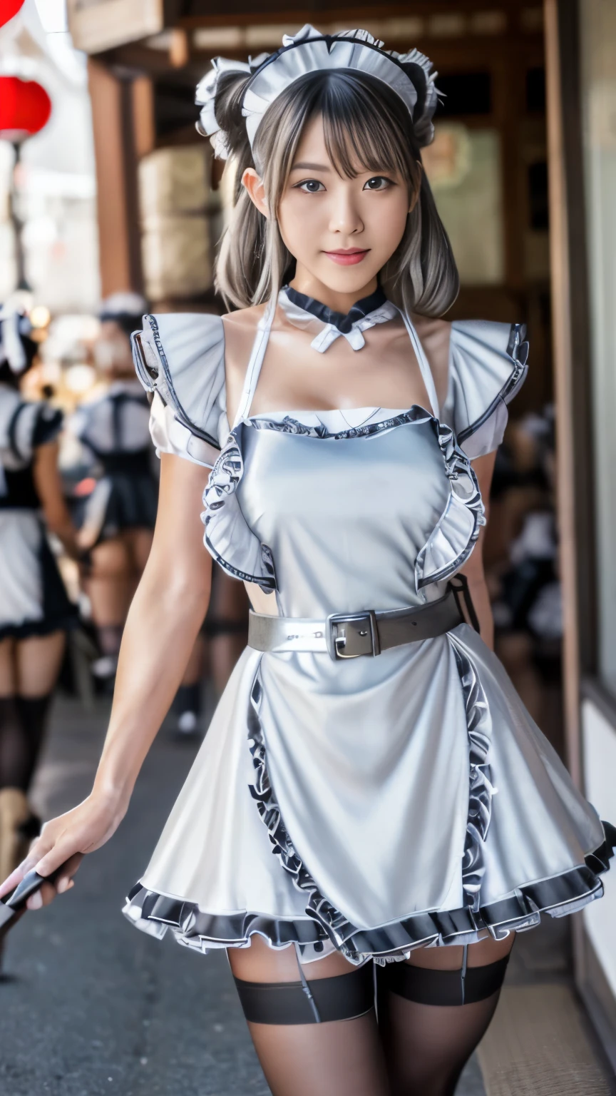 highest quality、8K、16k、masterpiece、realistic、Super detailed、Beautiful in every detail、ray tracing)、break, 20 year old female、beautiful asian girl、silver hair、break、
((Japanese maid:1.5)),(with ruffles_maid_dress:1.5),(Street Belts),(black pantyhose),(thighs:1.2)、break、At Concafe、nsfw