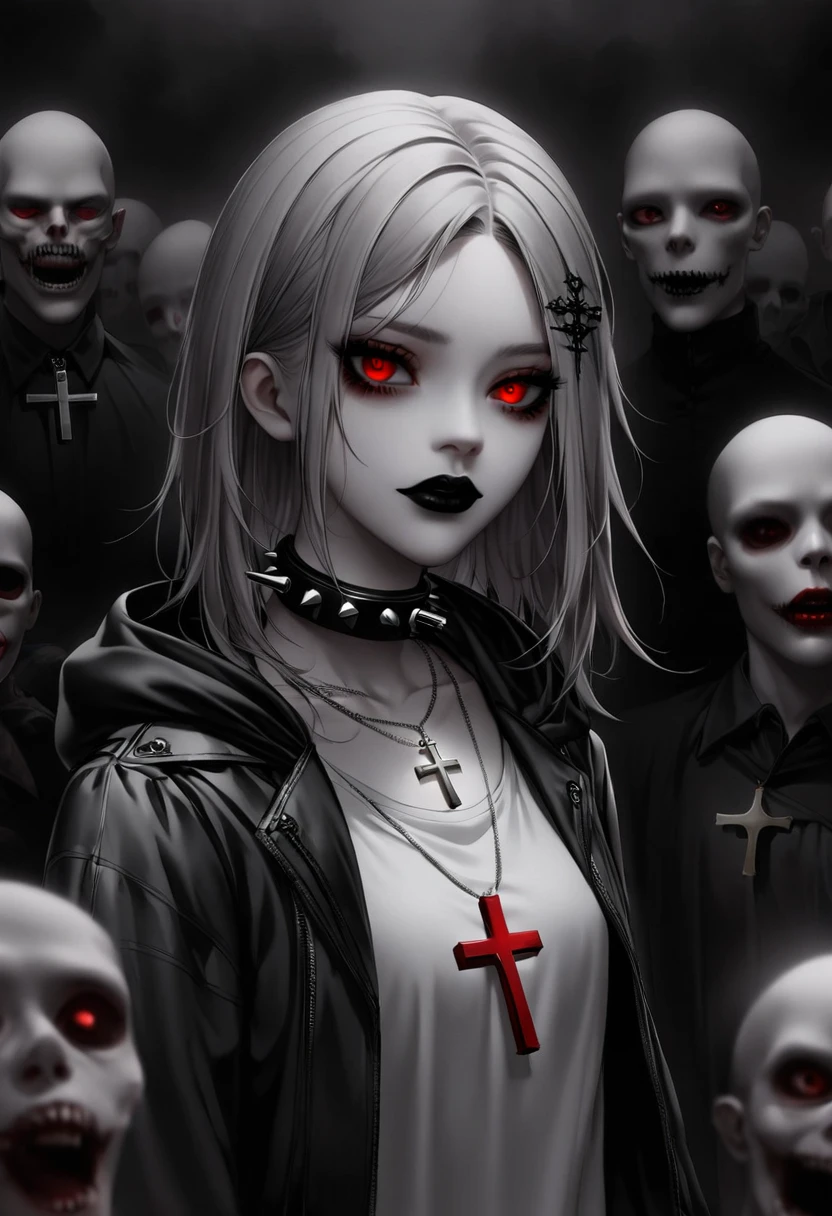 1 girl, black collar, Gothic, zombie atmosphere, black lips, collar, collar, cross, cross necklace, gray hair, hair accessories, hairpin, have, hood, inverted cross, Jacket, jewelry, lipstick, looking at the audience, cosmetic, Medium long hair, necklace, Red eyes, shirt, short hair, alone, spiked collar, peak, Upper body, luminescent, horror theme, Threshold