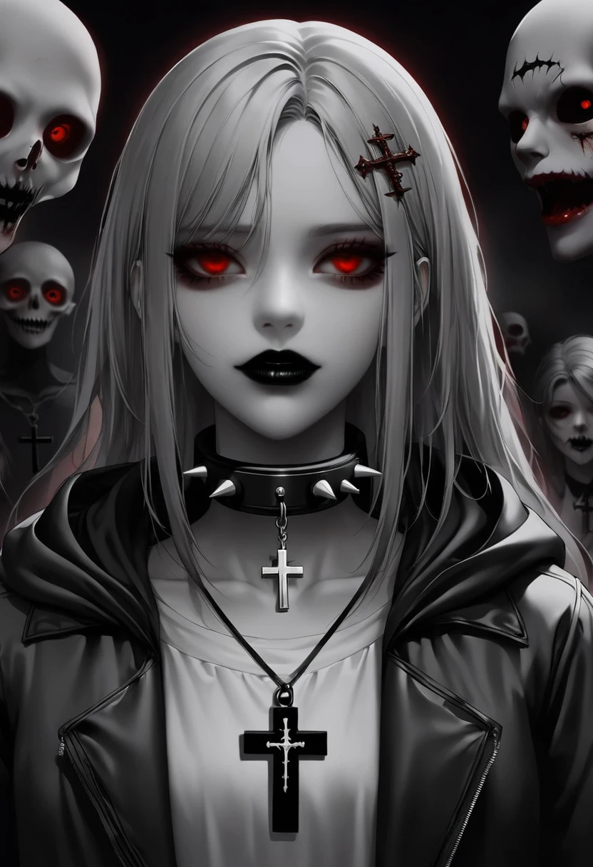 1 girl, black collar, Gothic, zombie atmosphere, black lips, collar, collar, cross, cross necklace, gray hair, hair accessories, hairpin, have, hood, inverted cross, Jacket, jewelry, lipstick, looking at the audience, cosmetic, Medium long hair, necklace, Red eyes, shirt, short hair, alone, spiked collar, peak, Upper body, luminescent, horror theme, Threshold