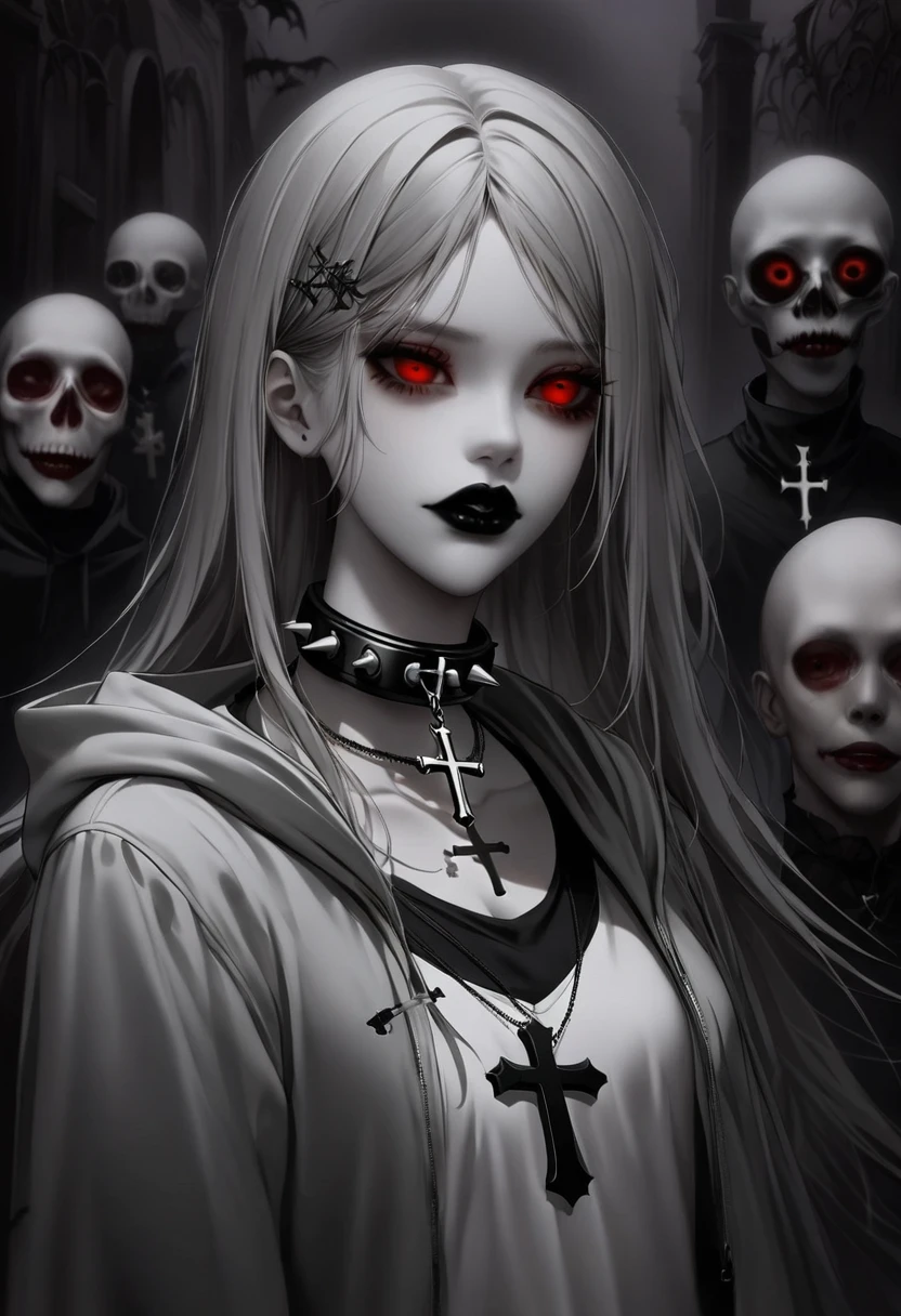 1 girl, black collar,  Gothic, zombie atmosphere, black lips, collar, collar, cross, cross necklace, gray hair, hair accessories, hairpin, have, hood, inverted cross, Jacket, jewelry, lipstick, looking at the audience, cosmetic, Medium long hair, necklace, Red eyes, shirt, short hair, alone, spiked collar, peak, Upper body, luminescent, horror theme, Threshold