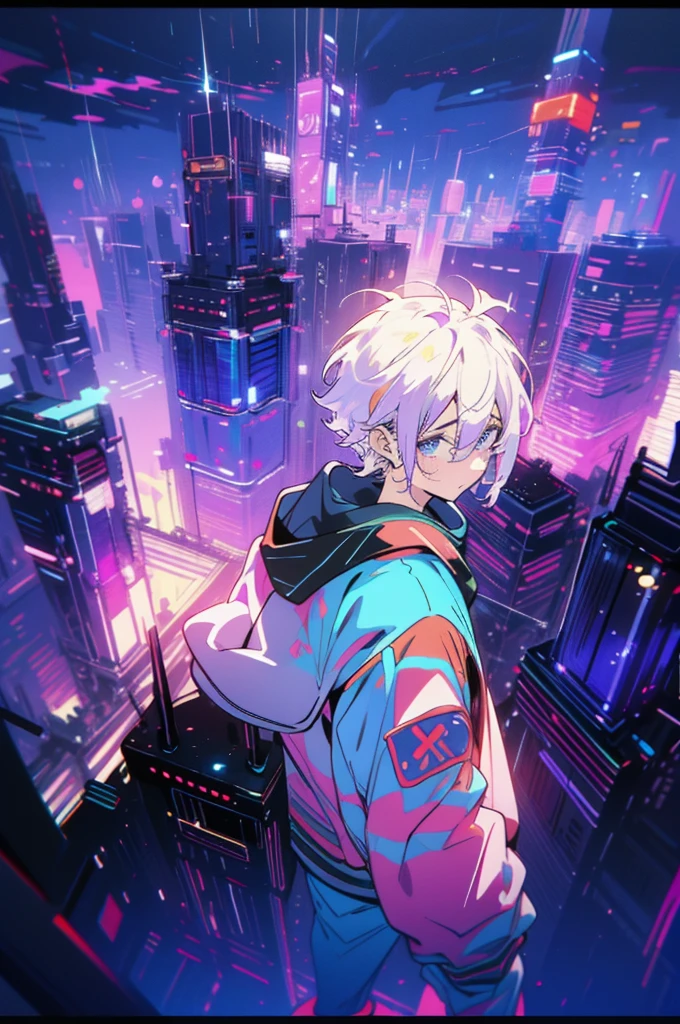 (best quality,4k,8k,highres,masterpiece:1.2),ultra-detailed,(realistic,photorealistic,photo-realistic:1.37),high angle view,boy,white hair,beautiful detailed eyes,purple glowing radiant eyes,cyberpunk hoodie,short hair,standing on top of a neon building