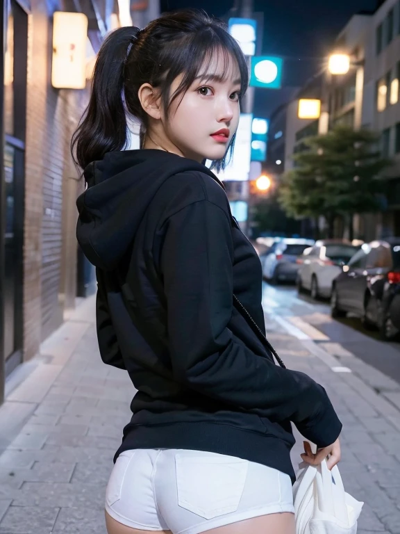 8K), (highest quality: 1.2), (realistic), (realistic: 1.37), ultra high resolution, (3 girls),(straight black hair), Giant Dulcefo, self snap,(school uniform),(black hoodie),(White hot pants),Standing in the city at night, whole body,long legs,beautiful feet,From the back,(Super small ass:1.3),ponytail,The lower part of her buttocks is slightly exposed from her hot pants.,back view