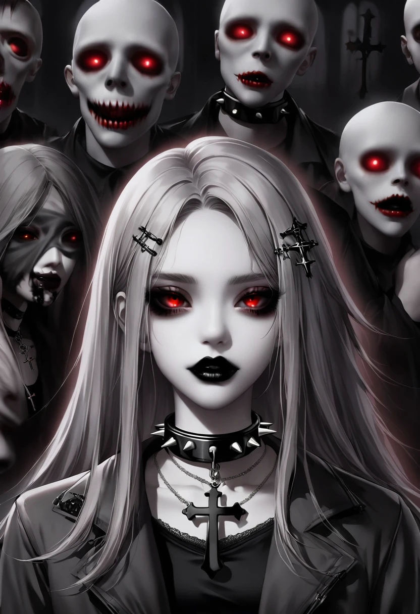 1 girl, black collar, Gothic, zombie atmosphere, black lips, collar, collar, cross, cross necklace, gray hair, hair accessories, hairpin, have, hood, inverted cross, Jacket, jewelry, lipstick, looking at the audience, cosmetic, Medium long hair, necklace, Red eyes, shirt, short hair, alone, spiked collar, peak, Upper body, luminescent, horror theme, Threshold