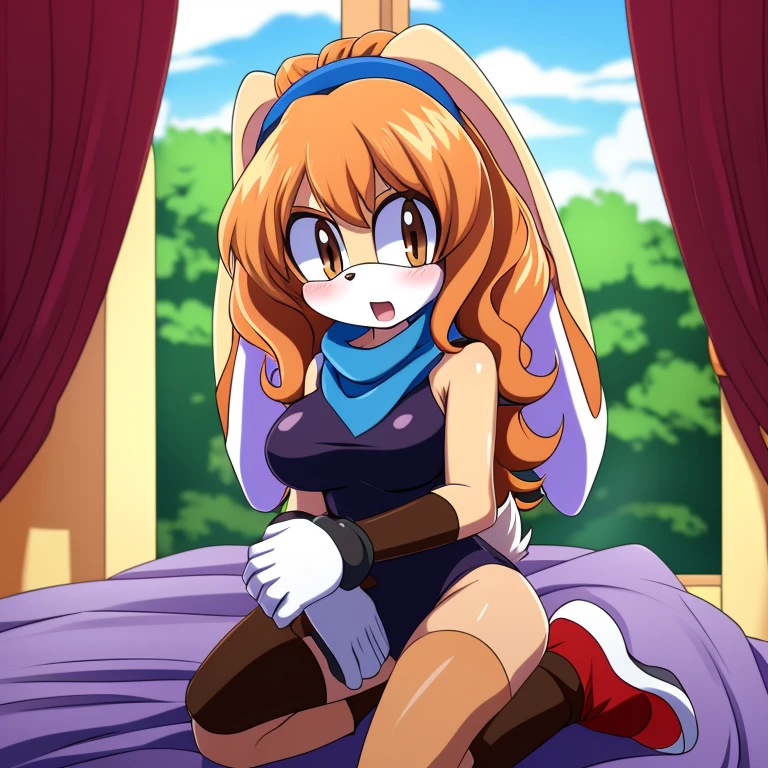 Adult Female, Mobian, Rabbit, Cream the Rabbit, sonic the hedgehog \(series\), rabbit girl, ((solo)), ((1girl)), ((hairstyles, long wavy hair with curtain side bangs, similar to Maria)), brown eyes, blushing, serious/mad, young adult, dd cups sized breasts, hair on top of shoulders, long peach hair color that’s is wavy, wearing a blue anime styled scarf, wearing a red one piece, knee length tights, black boots, white gloves, arms crossed, (((2D Anime Style))),
