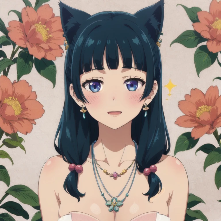alone, cat cat,1 girl, compensate, hair ornaments,hair flower,earrings, necklace,naked, Happy,blush,flower background,
