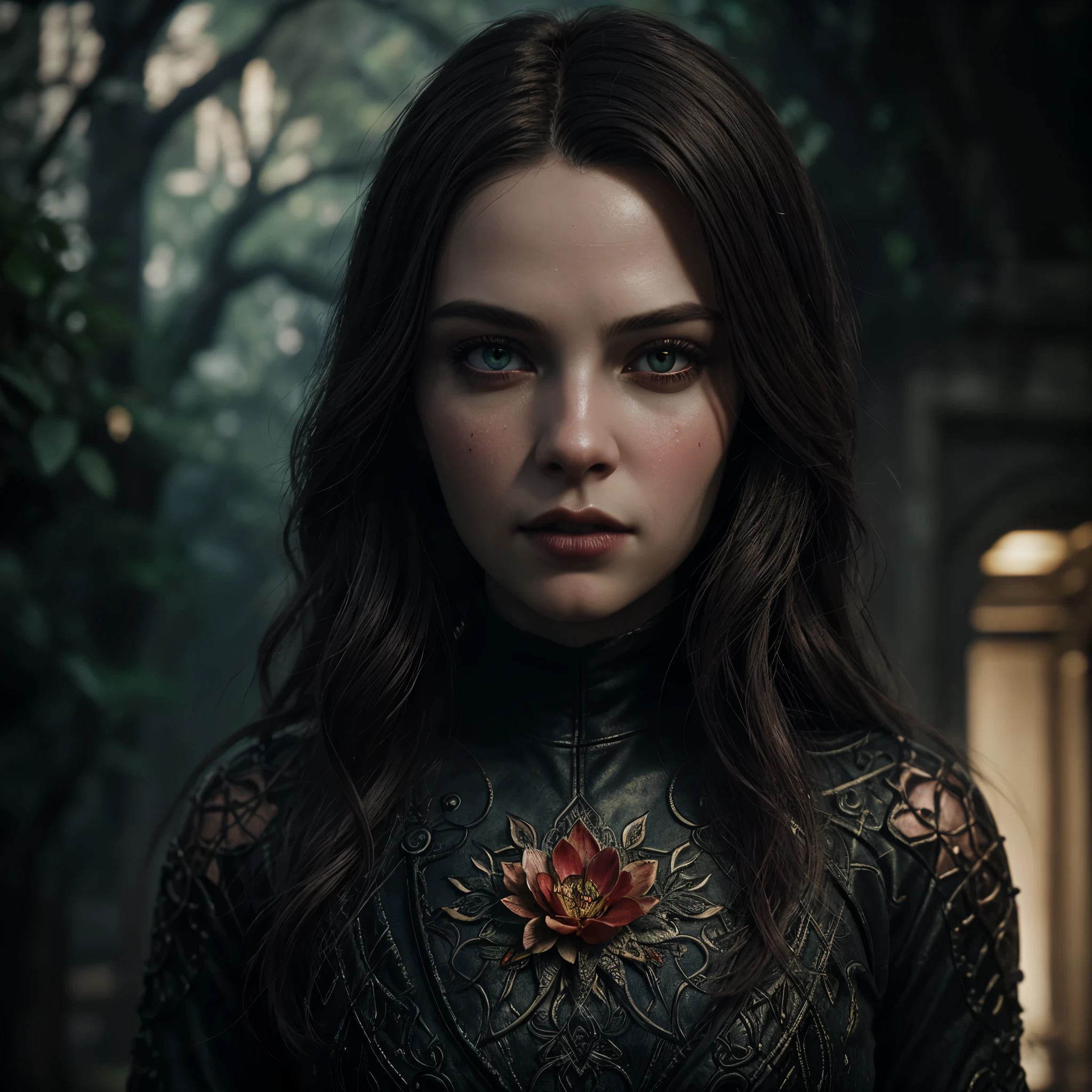 A flower by Casey Weldon, sassi_di_matera in background, hyperdetailed intricately detailed gothic art trending on Artstation triadic colors Unreal Engine 5 detailed matte painting, deep color, fantastical sword, intricate detail, splash screen, complementary colors, fantasy concept art, 8k resolution, gothic deviantart masterpiece, (dark shot:0.9), art by greg rutkowski and artgerm, soft cinematic light, adobe lightroom, photolab, hdr, intricate, highly detailed, (depth of field:1.4)