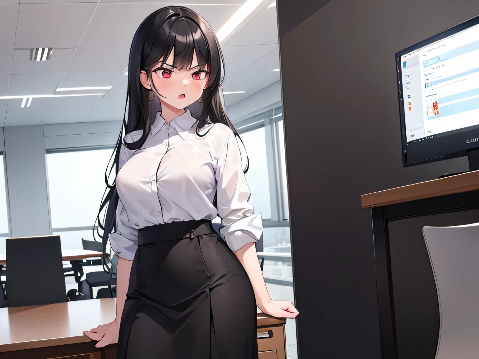 (Masterpiece, top quality, high resolution, realistic photo, realistic looking skin:1.1),
(Please use a zoomed-in composition of the woman in the picture:1.8),
(The woman is the general manager of a superstore:1.5),
(She is standing in the conference room arguing and banging on the desk: 1.8),
(She looks angry and is shouting something: 1.8),
(She is wearing a black skirt suit:1.8),
(She is wearing black pumps: 1.5),
(She has long black hair: 1.5),
(Location: beautiful conference room:1.5),
1 Japanese girl, solo, full bodied esbian, beautiful eyes, glowing eyes, glowing thighs, NSFW