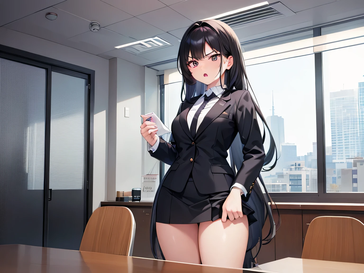 Woman in a business suit, curvy, busty, evil smirk, dominant stare, thick thighs, tongue out, view from below, presenting her butt, lifting her skirt, inside a room