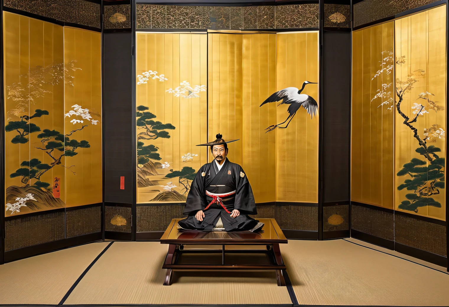 Gold folding screen, crane, Japanese-style room, Oda Nobunaga sitting in front of the folding screen
Best quality, masterpiece, high quality, high resolution, intricate details