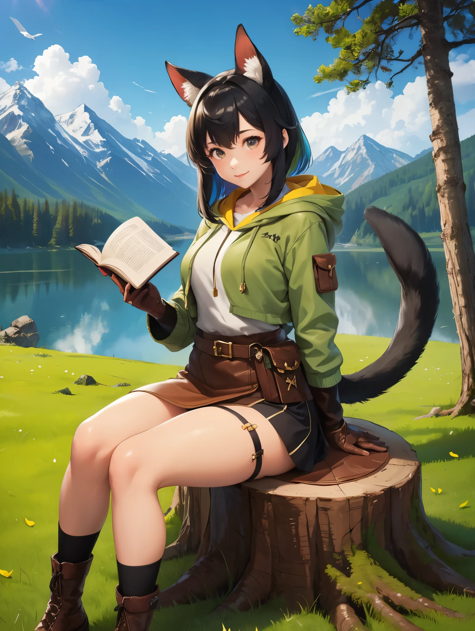 masterpiece, best quality,, 1girl, sitting, animal, animal ears, bird, black_hair, book, bookmark, branch, gloves, grass, green hair, holding, holding book, hood, hood down, leaf, looking at viewer, multicolored hair, open_book, partially fingerless gloves, pen, plant, pouch, quill, reading, sitting, smile, solo, tail, tree, tree stump,, sky, sun, mountain, forest, lake