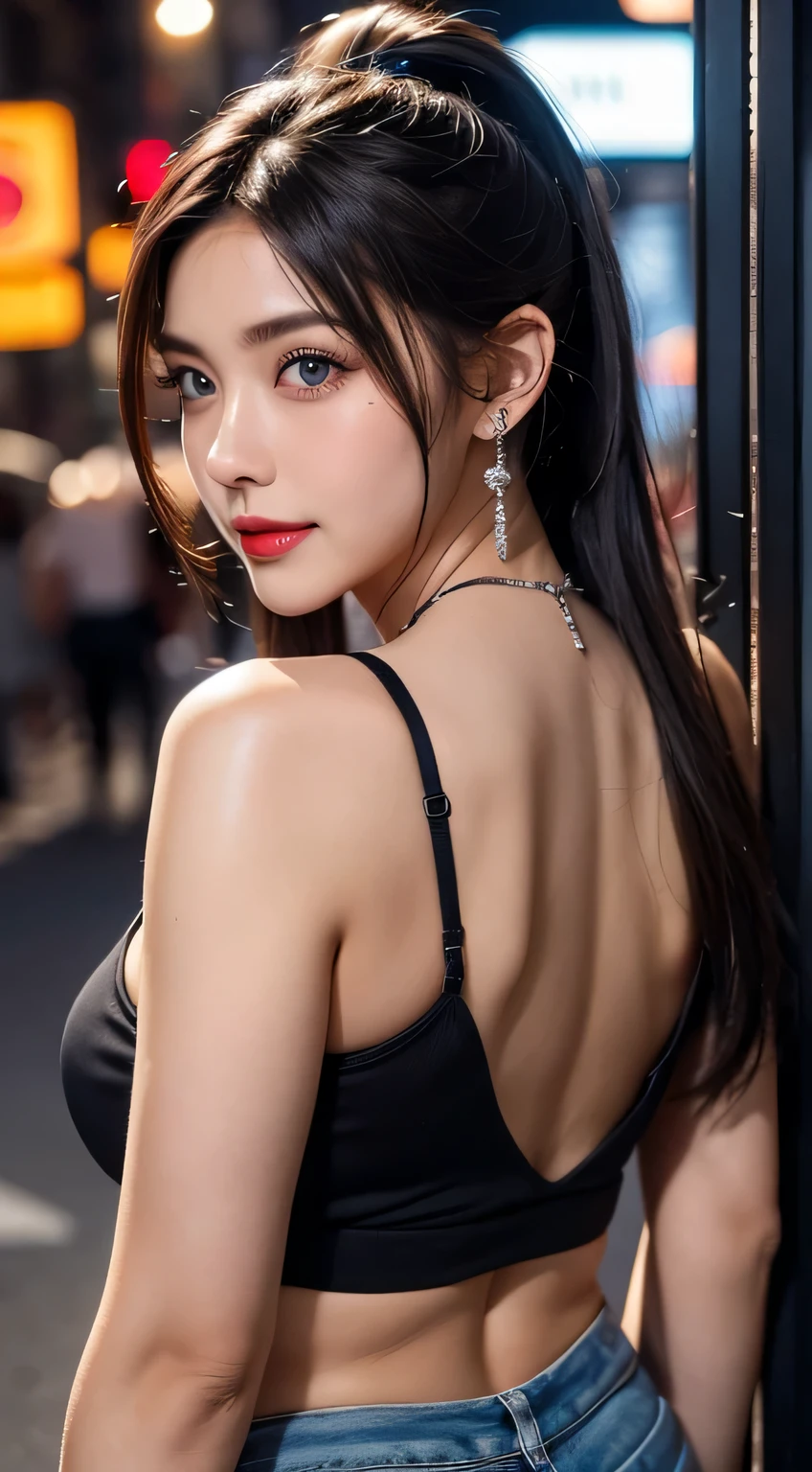 Urban beautiful girl college student, masterpiece, light makeup, red lips, silver hair, messy long hair, street background, beautiful, elegant. super fine details, master works, authentic texture, cinematic lighting realism, perfect job, 8K, hd, exquisite features,blue eyes、japanese idol、Beautiful Face、cute smile、brown hair、beautiful hair、ponytail、glamorous、 big breasts、erect nipples、Oily muscle、shiny skin、tanned skin、Black glowing skin、sexy camisole,T-back, bright big eyes, smooth skin, earrings, necklace, tattoo