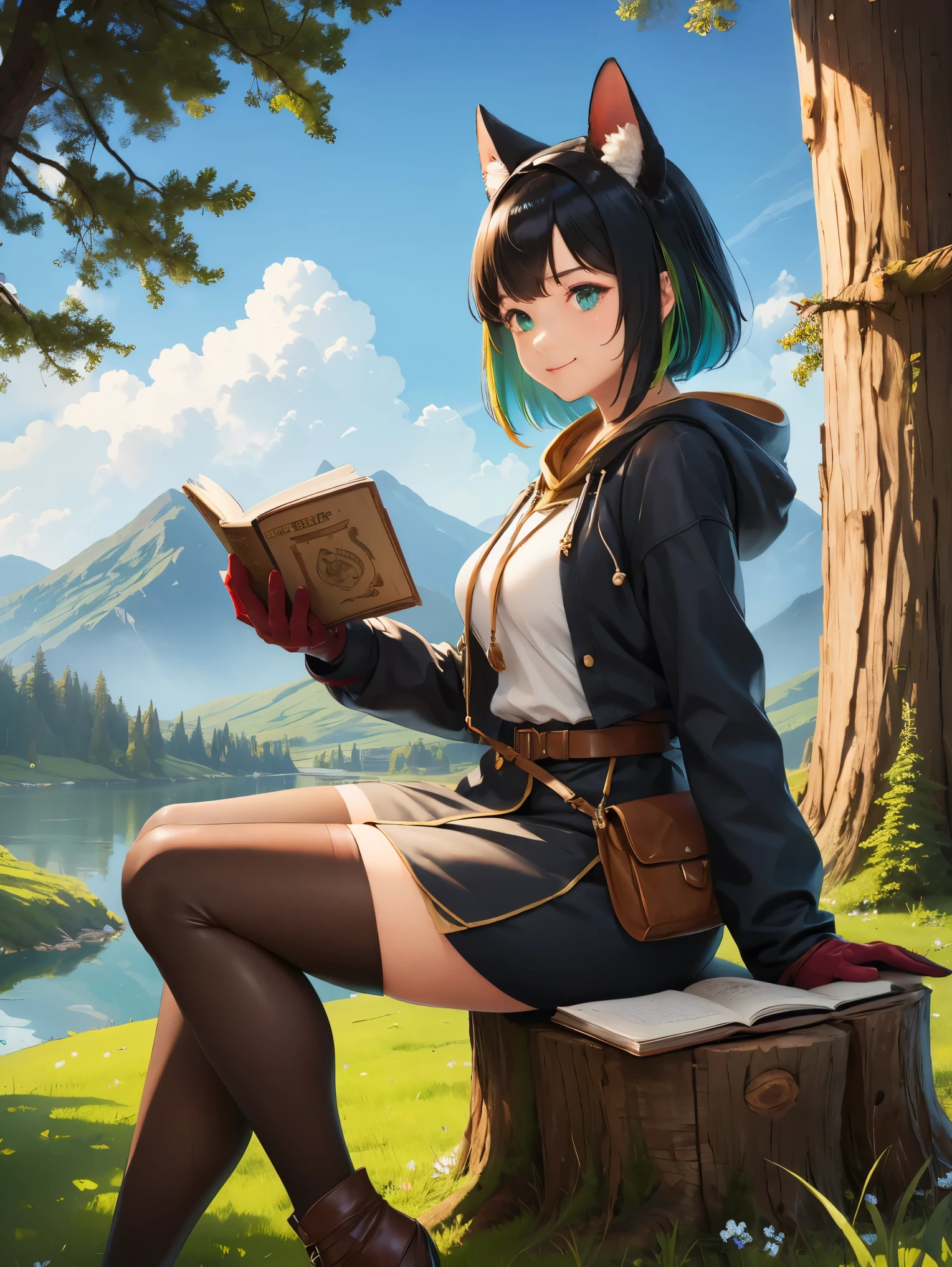 masterpiece, best quality,, 1girl, sitting, animal, animal ears, bird, black_hair, book, bookmark, branch, gloves, grass, green hair, holding, holding book, hood, hood down, leaf, looking at viewer, multicolored hair, open_book, partially fingerless gloves, pen, plant, pouch, quill, reading, sitting, smile, solo, tail, tree, tree stump,, sky, sun, mountain, forest, lake