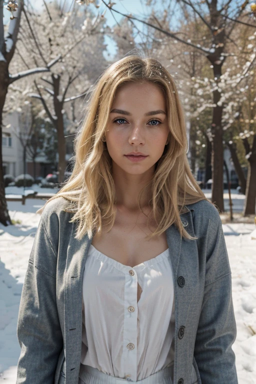 realistic photos of blonde european women in 30s, in nature during spring, positive vibes, Shoulder-length hair, thin makeup, clothed properly, wearing coat, in the snow, clear facial features, 8K high resolution, sharp and realistic details.from outside, Eye-Level Shot, f/4.0, 135mm, Fujifilm, jpeg artifacts, dithering, UHD, masterpiece