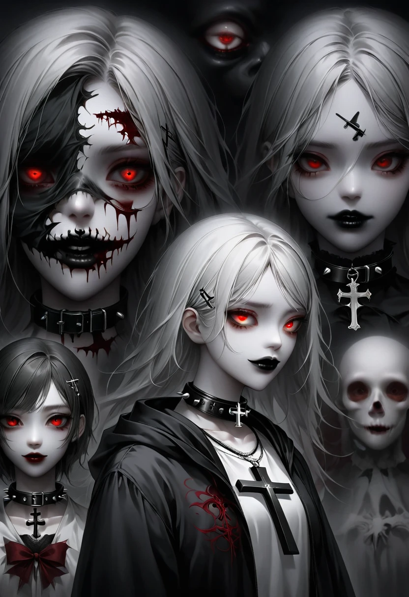 1 girl, black collar,  Gothic, zombie atmosphere, black lips, collar, collar, cross, cross necklace, gray hair, hair accessories, hairpin, have, hood, inverted cross, Jacket, jewelry, lipstick, looking at the audience, cosmetic, Medium long hair, necklace, Red eyes, shirt, short hair, alone, spiked collar, peak, Upper body, luminescent, horror theme, Threshold