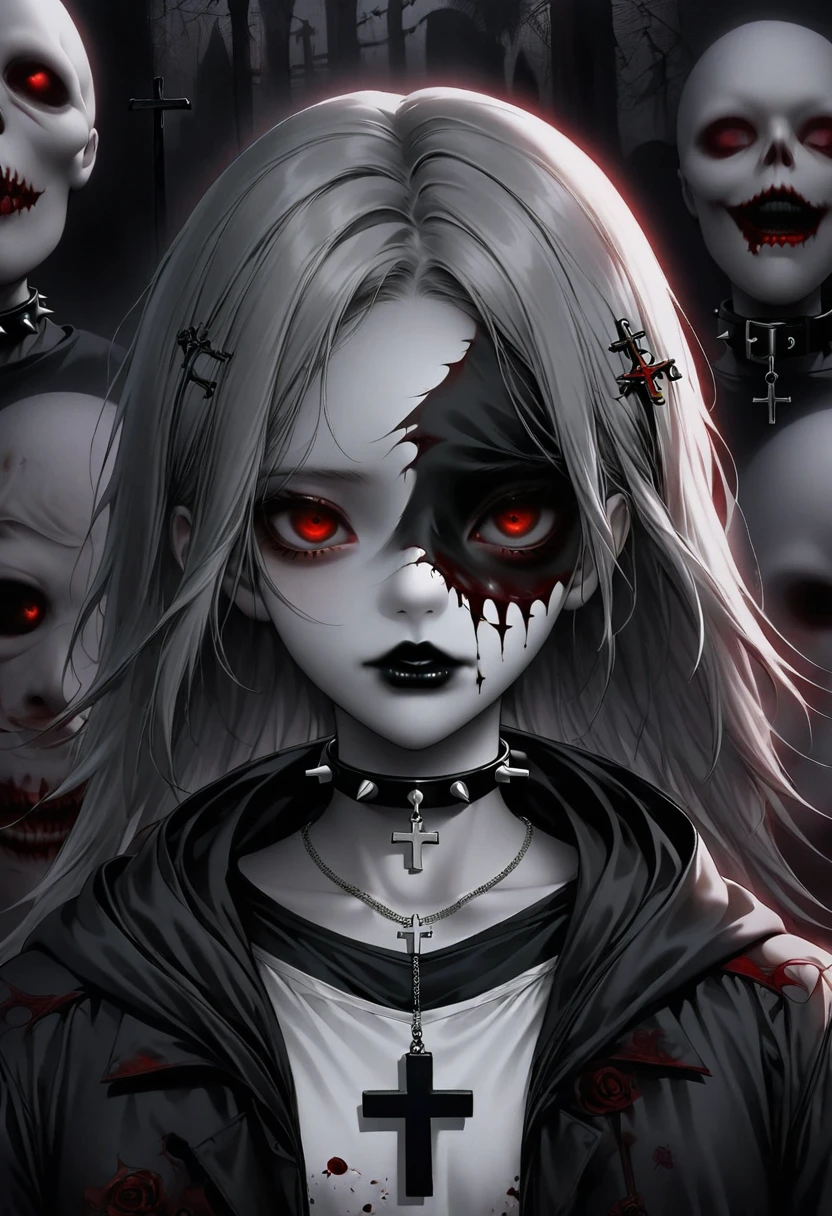 1 girl, black collar,  Gothic, zombie atmosphere, black lips, collar, collar, cross, cross necklace, gray hair, hair accessories, hairpin, have, hood, inverted cross, Jacket, jewelry, lipstick, looking at the audience, cosmetic, Medium long hair, necklace, Red eyes, shirt, short hair, alone, spiked collar, peak, Upper body, luminescent, horror theme, Threshold