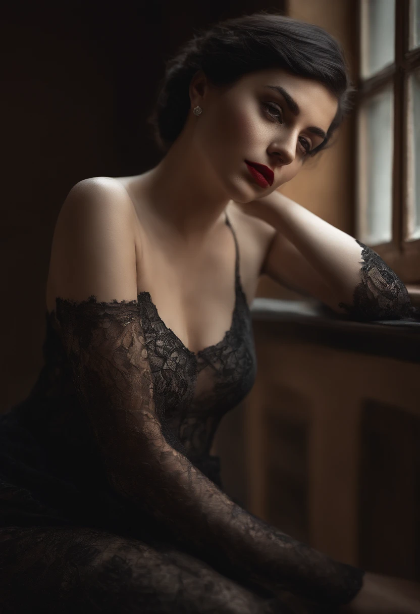 (Raw photo:1.2), (Photorealistic), Beautiful detailed girl, Very detailed eyes and face, Beautiful detailed eyes, Huge file size, High resolution, Very detailed, Best Quality, [masterpiece:1.6], Illustration, Very detailed, Fine detail, Best Quality, 32K Wallpaper, purple and red light, in a dark place, dark atmosphere, deep shadows, intricate  details, 1 young girl, Perfect body shape, big natural breast, pale skin, pixie cut black hair, red lips, erotic body, low cut tanga and bra, sexy pose, full body photo, sitting