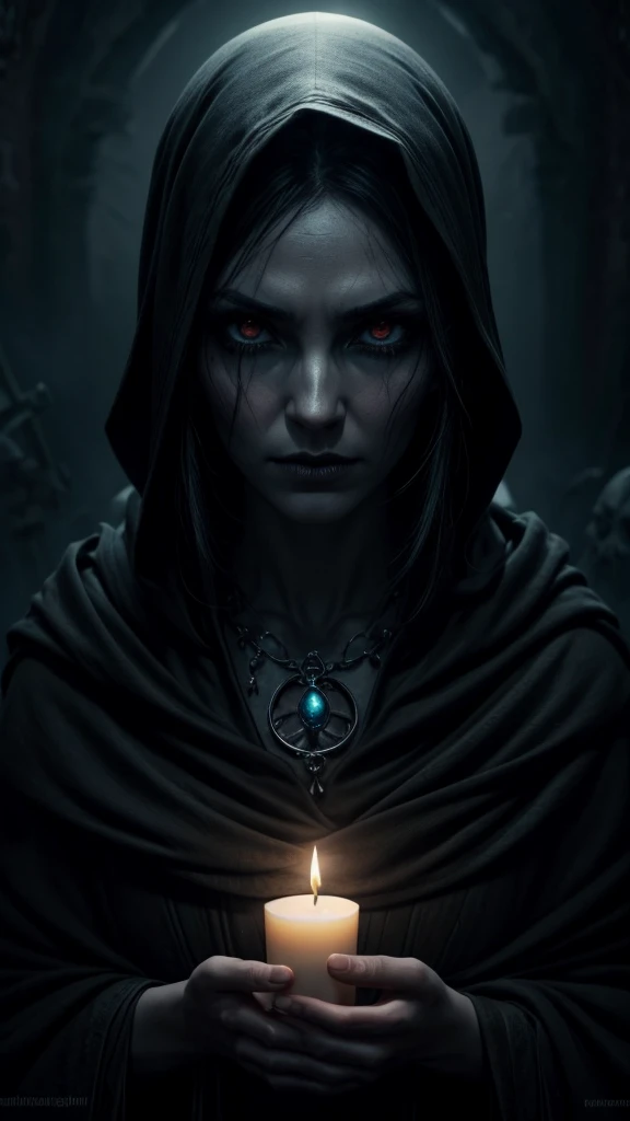 a powerful necromancer,beautiful detailed eyes and face,dark magic,flowing cloak of shadows,ominous aura,ancient graveyard,moonlit sky,eerie mist,undead minions,summoning spirits,spellcasting hand gestures,candlelit rituals,haunting atmosphere,(best quality,4k,highres),(dark fantasy,horror),(muted tones,gloomy colors),(ethereal lighting)