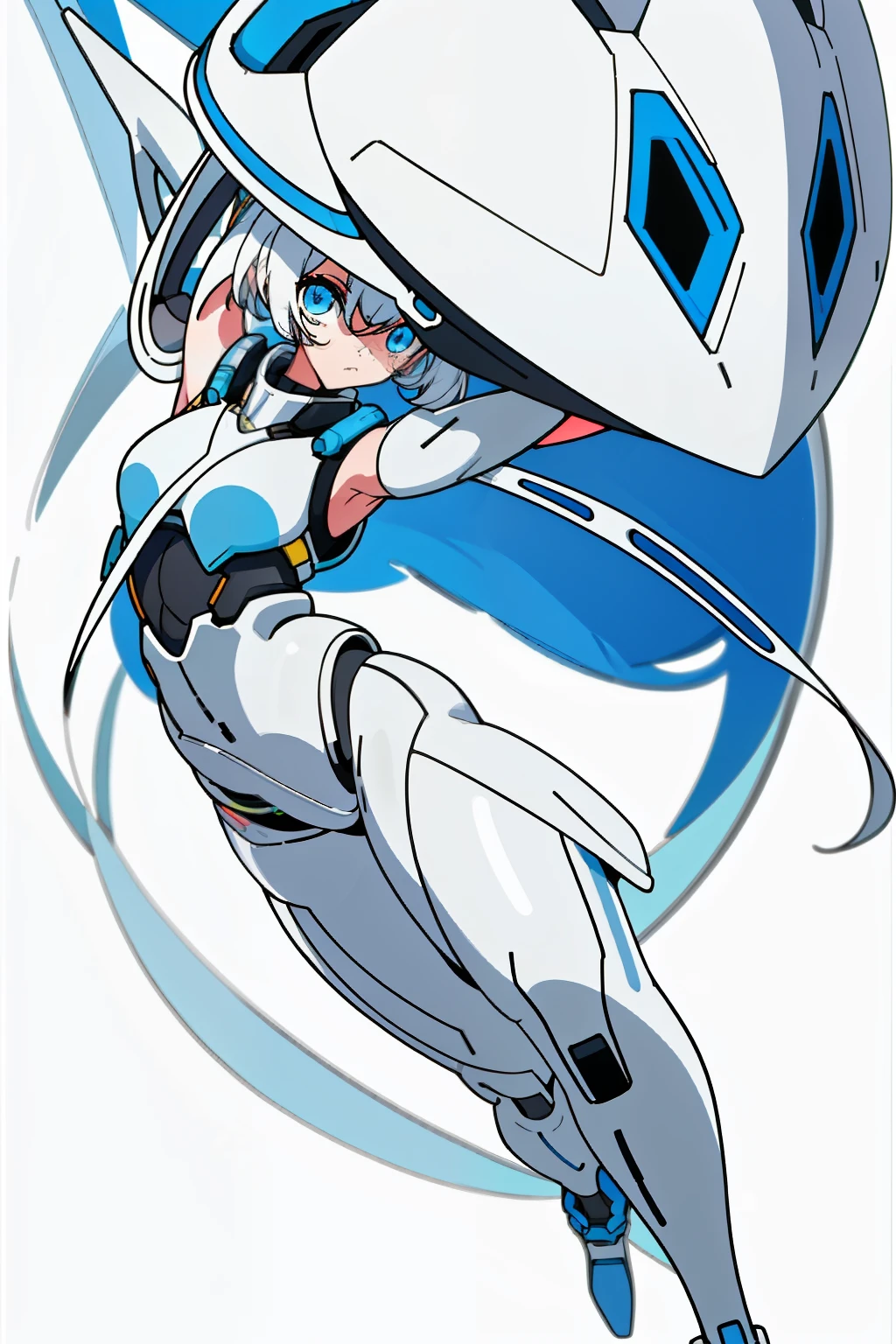 Anime-style female character in full body design, clad in a white tone outfit, dons a large technology helmet with intricate Q-version details. The simple yet captivating concept design enhances the character's unique appeal. With a focused expression, the female character exudes a sense of intelligence and determination. The advanced helmet, adorned with sleek lines and gleaming surfaces, perfectly complements her compact yet powerful figure.