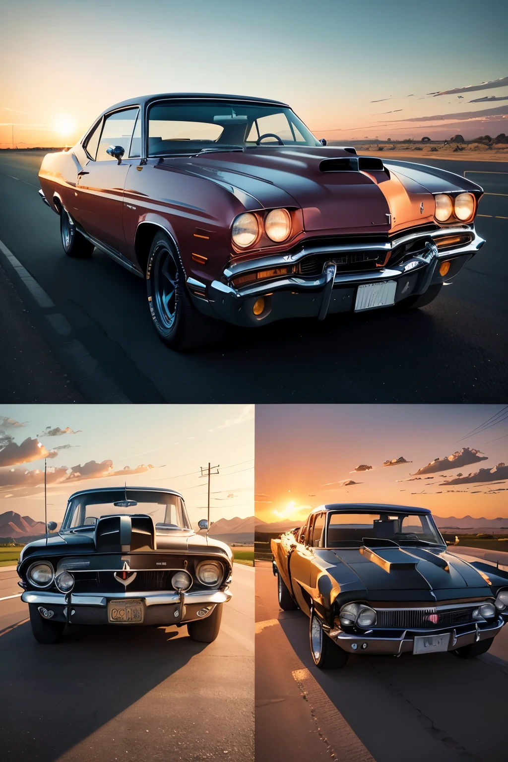 Classic American muscle cars, their gleaming chrome and vibrant colors reflecting the golden light of a sun Setting over the horizon, cast long shadows on the asphalt of a Route 66-inspired highway. The radiant skies above are painted with hues of pink, orange, and purple, while rolling hills in the background add depth and texture to the scene. Each detail of these vintage vehicles is rendered with intricate care, from the stripes on their hoods to the elegant curves of their fenders. The high contrast image is reminiscent of the iconic art of Edward Hopper, evoking a sense of nostalgia and adventure that transports the viewer back in time. --ar