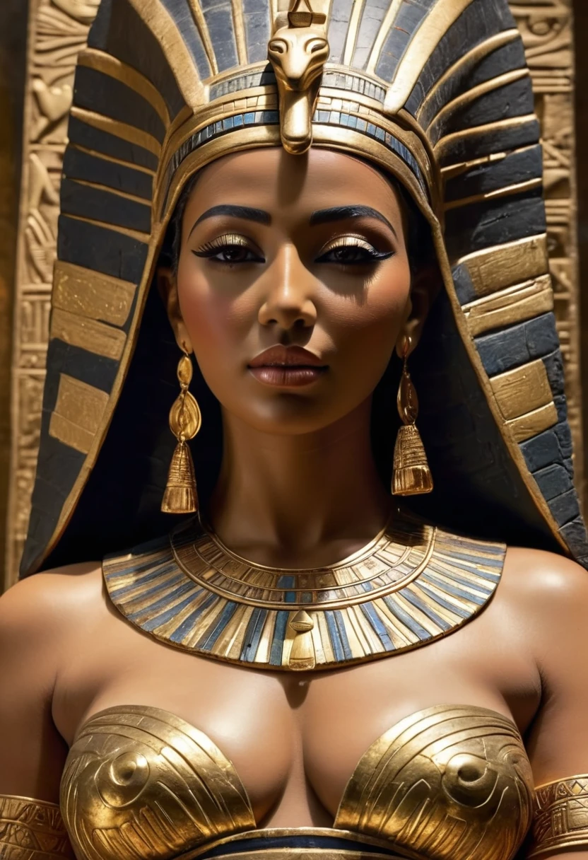 (best quality,4K,highly detailed foto full body shot),ancient Egyptian-style stone statue of a woman, topless; (thick) ((chubby)), soft skin, voluminous, seductive face expression, seductive smile, mesmerizing eyes, intricate headdress, delicate features, delicate carving details, smooth texture, captivating pose, elegant posture, radiant beauty, majestic presence, mystical aura, adorned with jewels and gold, regal attire, flowing robes, elaborate patterns, intricate engravings, rich color palette, warm earth tones, golden accents, soft lighting, dramatic shadows, mesmerizing gaze, enchanting atmosphere displaied in a museum