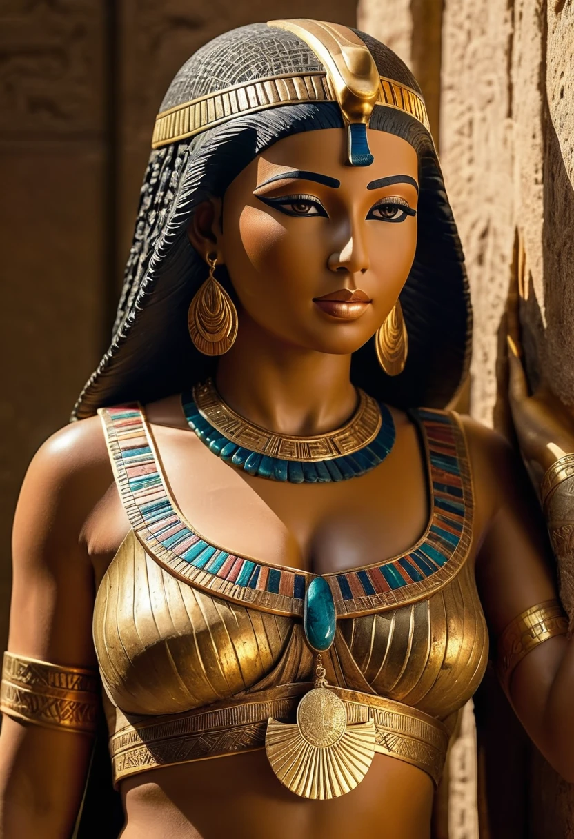 (best quality,4K,highly detailed foto full body shot),ancient Egyptian-style stone statue of a woman, topless; (thick) ((chubby)), soft skin, voluminous, seductive face expression, seductive smile, mesmerizing eyes, intricate headdress, delicate features, delicate carving details, smooth texture, captivating pose, elegant posture, radiant beauty, majestic presence, mystical aura, adorned with jewels and gold, regal attire, flowing robes, elaborate patterns, intricate engravings, rich color palette, warm earth tones, golden accents, soft lighting, dramatic shadows, mesmerizing gaze, enchanting atmosphere displaied in a museum
