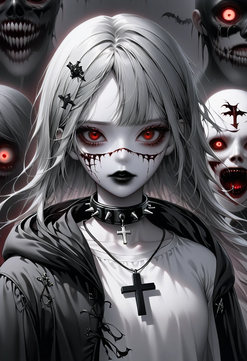 1 girl, black collar,  Gothic, zombie atmosphere, black lips, collar, collar, cross, cross necklace, gray hair, hair accessories, hairpin, have, hood, inverted cross, Jacket, jewelry, lipstick, looking at the audience, cosmetic, Medium long hair, necklace, Red eyes, shirt, short hair, alone, spiked collar, peak, Upper body, luminescent, horror theme, Threshold