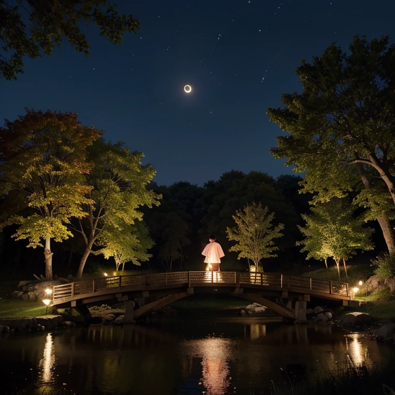 A photo that has the angle of being between the large trees and that in the middle there is a clear place in the shape of a circle and in the middle there is a small lake with a small island where there is a pink sesame tree separated from the others true trees while it is night and they shine with the light of the moon and with some yellow fireflies and others light pink while Cain leaves of the serosus tree around while some leaves of the serosus tree are in the small lake that It covers the surrounding area with a small bridge that allows them to cross from one side to the other. It is a strong brown color and is made of wood with small lamps hanging from the branches.