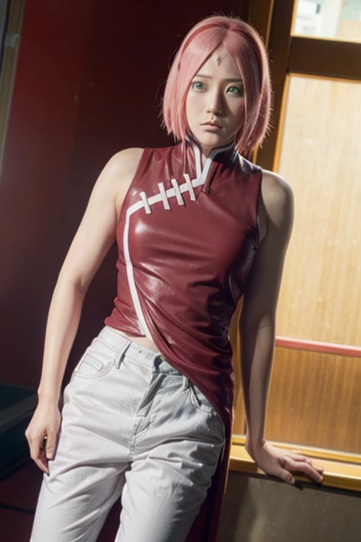 Real life adaption of this character,Asian beauty , realistic same hair, realistic outfit, realistic light, realistic shadow, hyper realistic, realism, realistic background,(photorealistic:1.2),green eyes color. Sakura / Sakura Haruno (Sakura Haruno) / [Boruto: Naruto Next Generation,1girl ,white pants ,best quality ,ultra Higd ,detail realistic ,sceneHDR pro