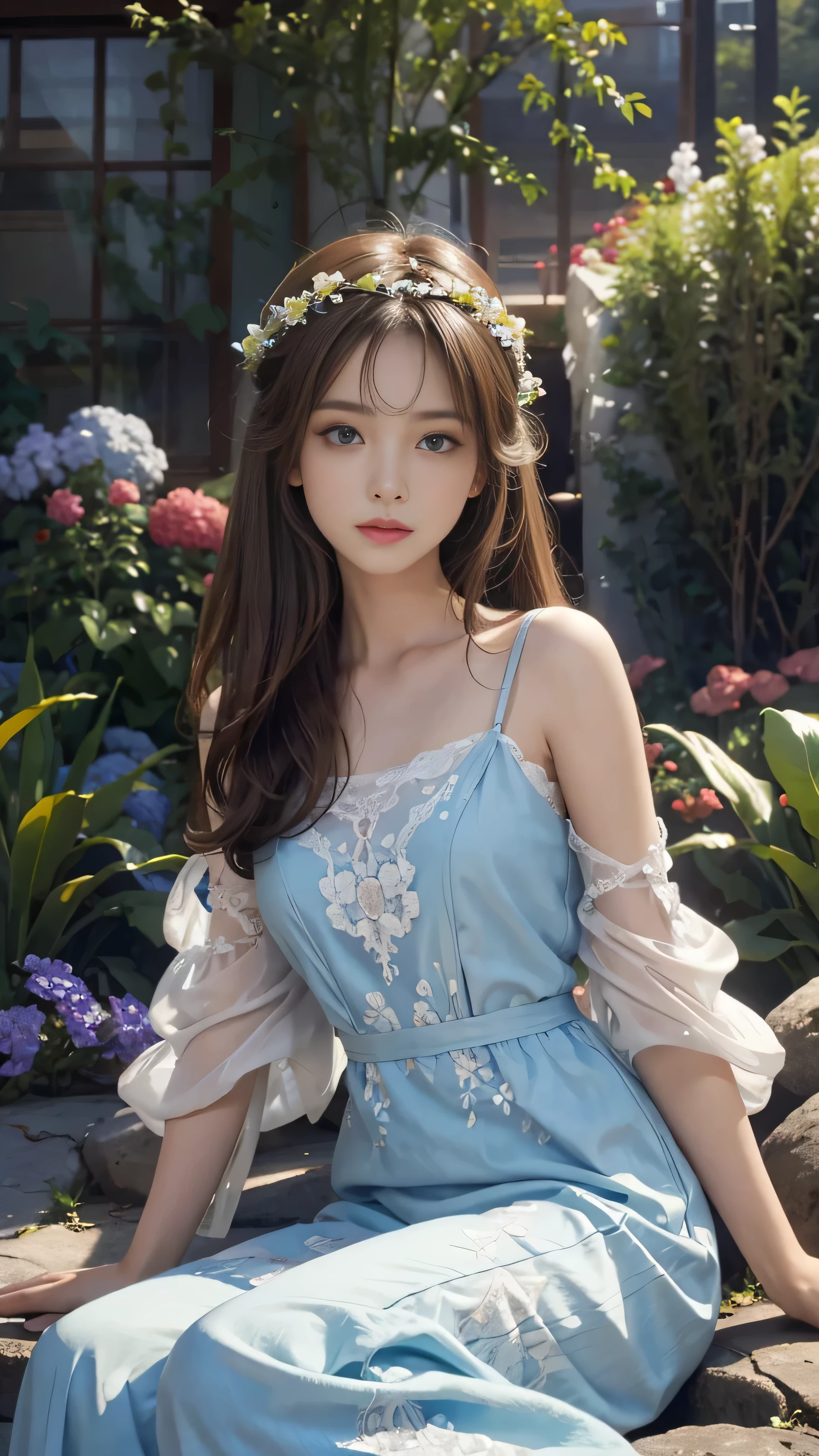 (Surreal) , (illustration), (Increase resolution), (8K), (Very detailed), (best illustration), (Beautiful and delicate eyes), (best quality), (Super detailed), (masterpiece),  (wallpaper), (Detailed face), alone,1 girl, looking at the audience, Straight brown hair, Exquisite details,  in the darkness, deep shadow, low profile, purebred face_v1, a happy expression, Colorful summer dresses, whole body, garden