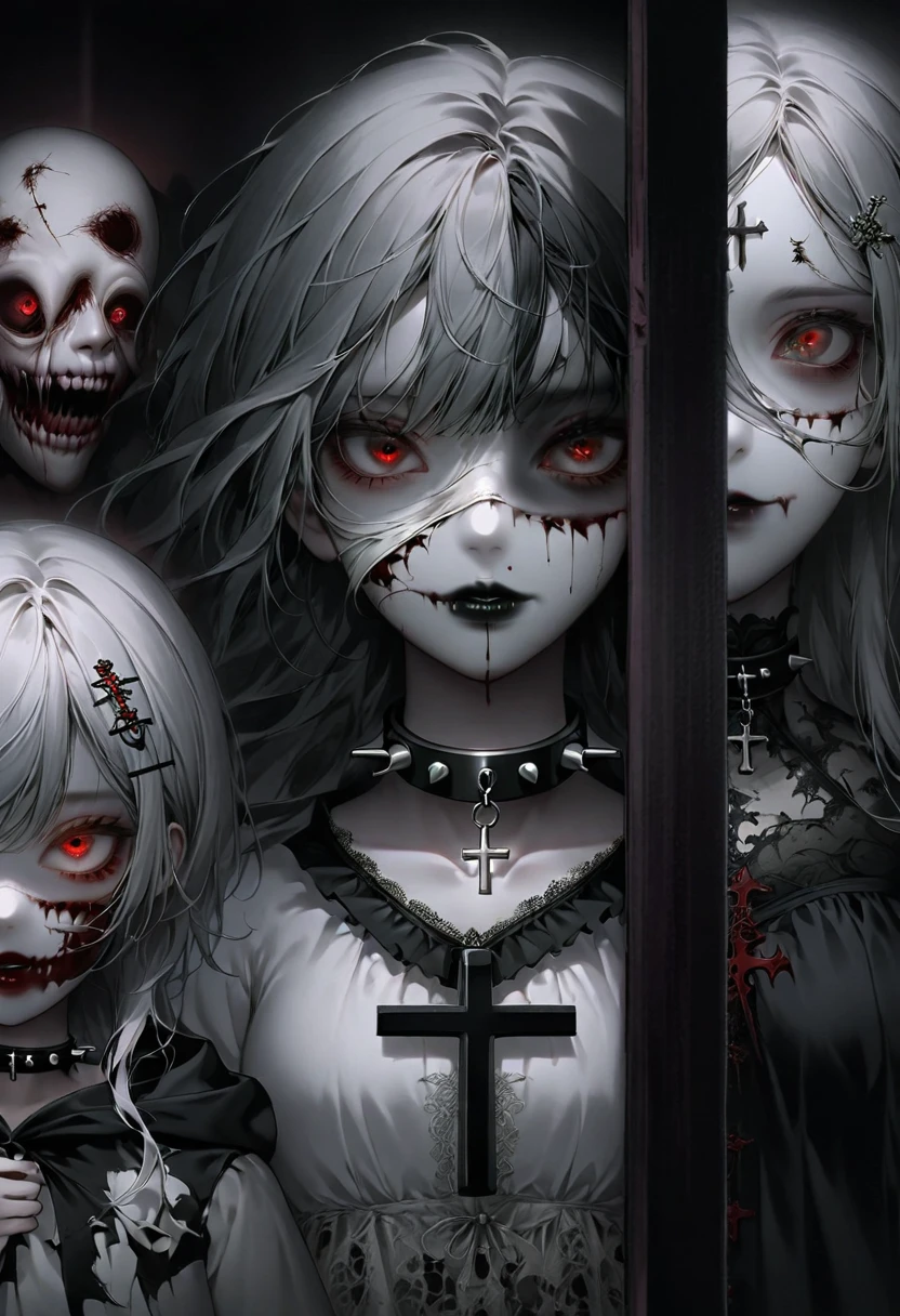 1 girl, black collar,  Gothic, zombie atmosphere, black lips, collar, collar, cross, cross necklace, gray hair, hair accessories, hairpin, have, hood, inverted cross, Jacket, jewelry, lipstick, looking at the audience, cosmetic, Medium long hair, necklace, Red eyes, shirt, short hair, alone, spiked collar, peak, Upper body, luminescent, horror theme, Threshold, half face zombie, half face beautiful