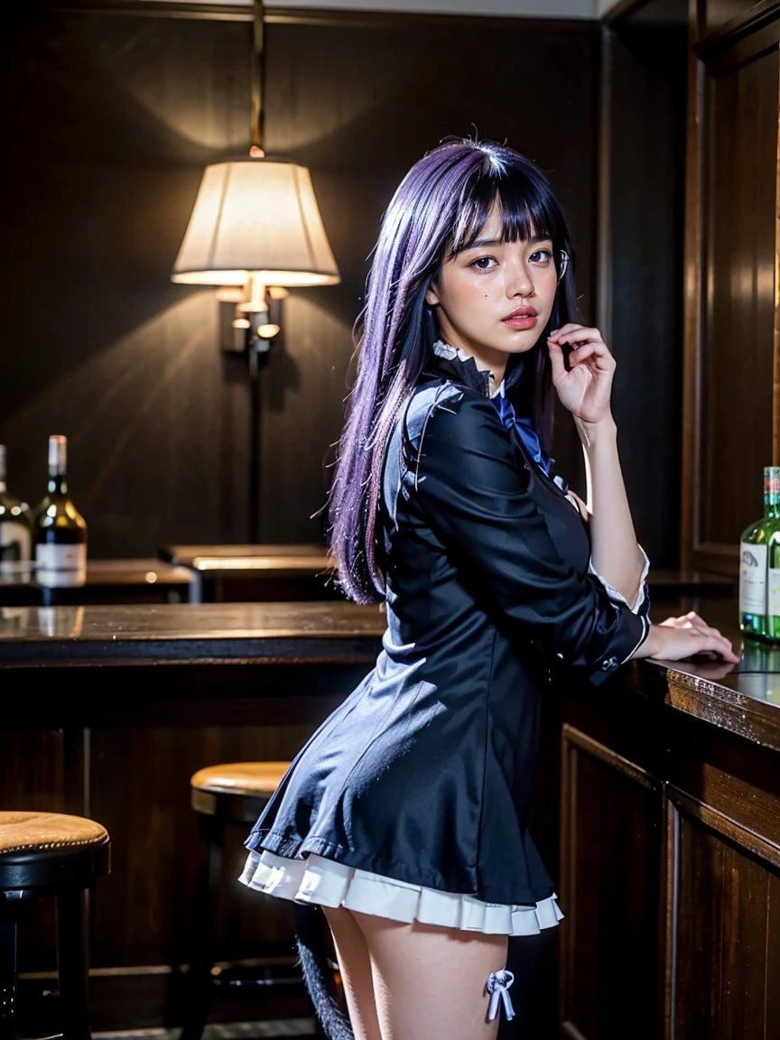 (1 lady), (Best quality at best:1.4), (ultra - detailed), (extremely detailed CG unified 16k), A Beautiful Woman with Perfect Figure: 1.4, Sharp Focus: 1.2, purple hair, very detailed, High-definition RAW color photo, professional photoshooting, amazing face and eyes, cosmetics, (amazingly beautiful girl), ((frederica bernkastel)), ((dress, bowtie, mary janes, socks, cat tail, tail bow, tail ornament)), standing, sexyposture,(Dark and stylish bar, drinks, lamp lights, lamp lights:1.3), (look from down), realistic cinematic face, head to feet long wide zoomed out view, full body long view, photorealistic, ((realistic natural purple hair style, purple eyes)), ((glasses with liquor floating around her)), gorgeous, extremely beautiful face, perfect model beauty, pout mouth, Highly Detailed Face and Skin Texture, Detailed Eyes, Double Eyelids, Big Breasts, Smile, flirting smile, cleavages, western, (masterpiece), best quality, high resolution, extremely detailed, blurred background, depth of field, cinematic lighting, amazing legs, high heels, clear and well-cared skin, (((focus on the girl instead of background, girl occupies most of the picture))), from behind, nice ass,